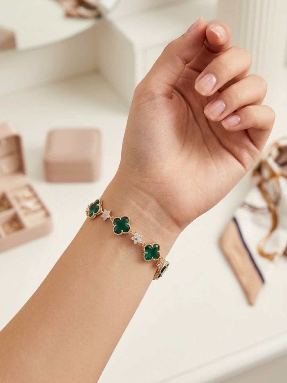 Gold Bracelet with Green Clover Accents by